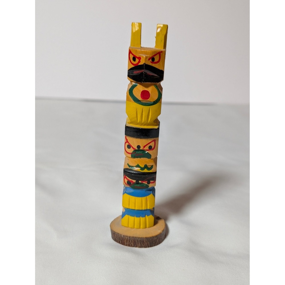 Vintage Hand Carved Painted Wood Totem Pole Figurine Souvenir Yellow Blue